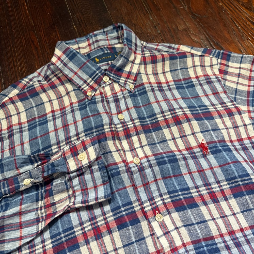Ralph Lauren Shirt Mens Large Blue White Red Plaid 100% Linen